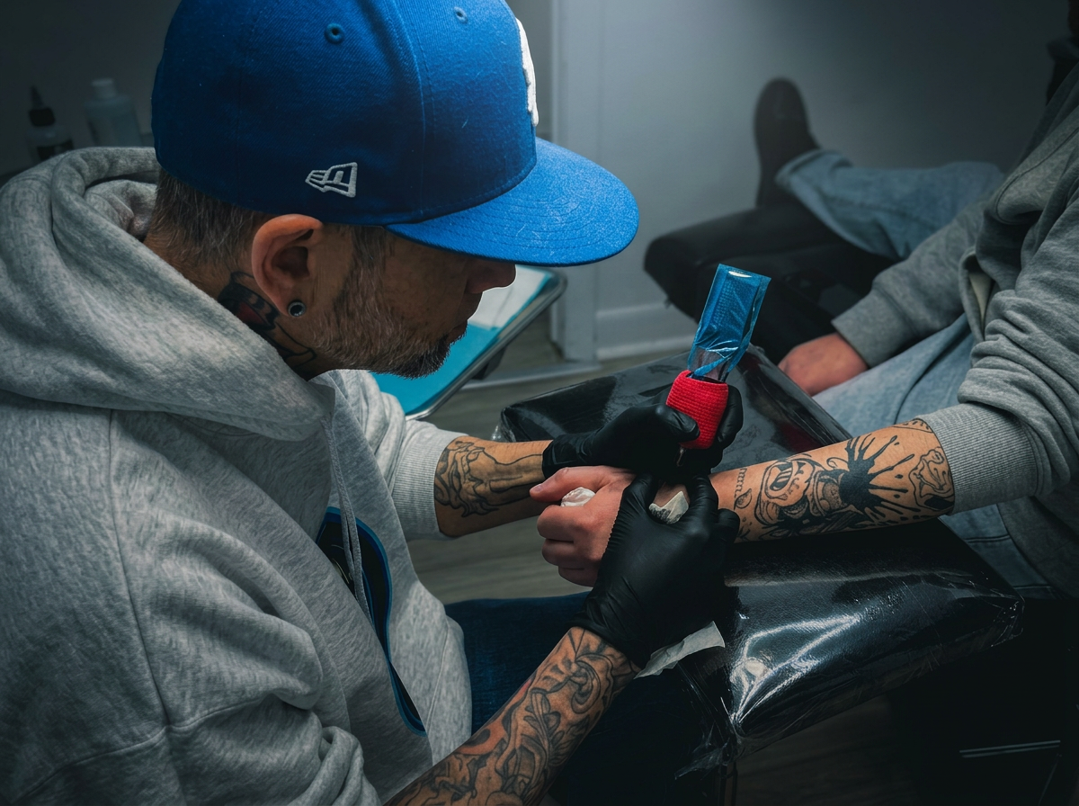 Tattoo artist at work in studio
